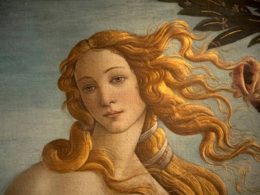 FLORENCE, ITALY - 24 Mart 2024 - Uffizi Galerisi Dünyanın en önemli müzelerinden biri Sandro Botticelli 'nin Venüs' ün doğuşu