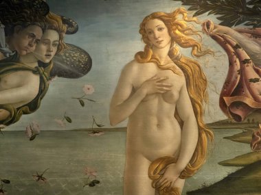 FLORENCE, ITALY - 24 Mart 2024 - Uffizi Galerisi Dünyanın en önemli müzelerinden biri Sandro Botticelli 'nin Venüs' ün doğuşu