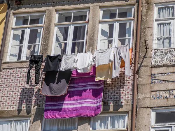Clothes Drying Old House Ribeira Porto Old Town Street View — Stock Photo, Image