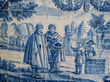 AVEIRO, PORTUGAL - 25 Nisan 2024 Karmelit Manastırı Evangelist Aziz John Kilisesi 17. yüzyıl ulusal Portekiz anıtı Azulejos geleneksel mavi seramik döşeme ayrıntıları