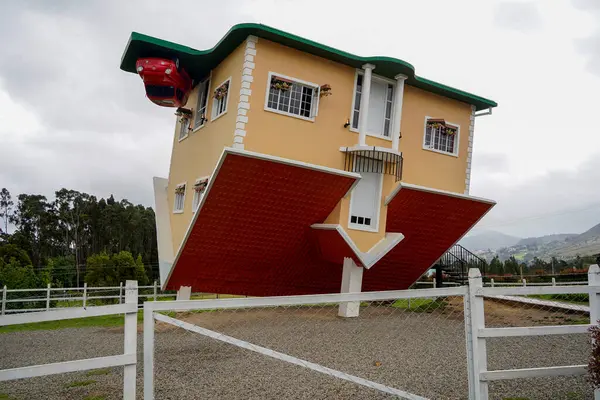 stock image A Weird upside down house in Colombia. Bizarre wooden home. Funny architecture