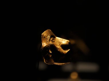 BOGOTA, COLOMBIA - 3 Temmuz 2024: Museo del Oro 'da (Altın Müzesi) sergilenen Süper Altın Eserler. Arkaplanda izole