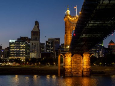 John Roebling suspension bridge Cincinnati ohio to kentucky sunset view clipart