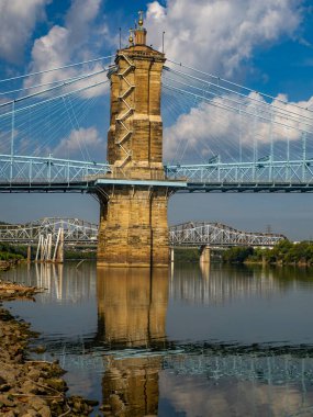 John Roebling asma köprüsü Cincinnati Ohio 'dan Kentucky manzaralı merdiven detayına