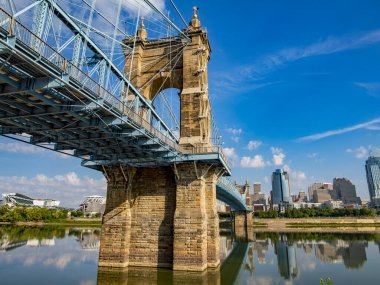 John Roebling asma köprüsü Cincinnati Ohio 'dan Kentucky 1867' ye Güneşli güzel yaz gününde