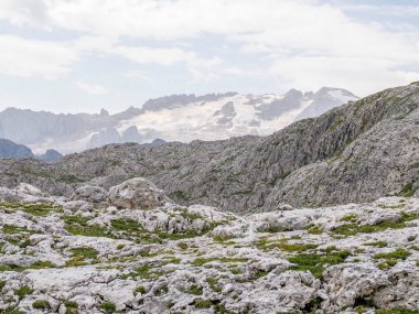 Marmolada buzulunun manzarası, Dolomitlerin en yüksek zirvesi, İtalya Yazın