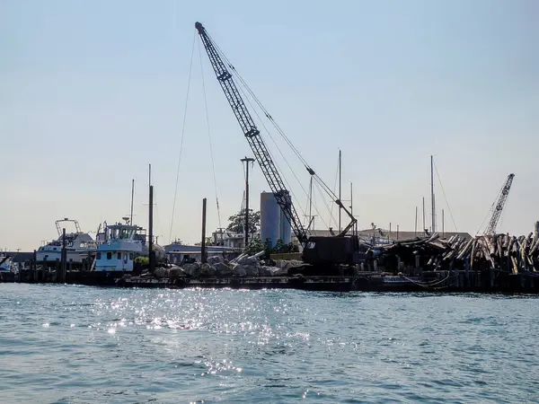 Greenport limanındaki kereste kütükleri Long Island manzaralı panorama