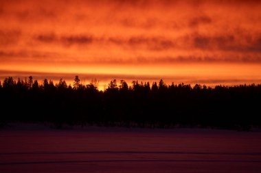 Laponya 'da öğle vakti Kızıl bir gün doğumu Inari Nellin Gölü