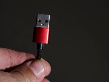 Kırmızı bir USB tıkaç detayını tutan el.
