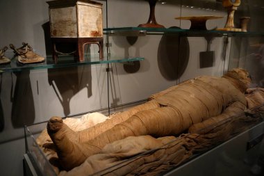 TURIN, İTALYA - 14 Mayıs 2025 - Mısır Müzesi 'ndeki boyanmış yüz mumyası dünyanın en önemli ikinci Mısır koleksiyonu olarak kabul edilir..