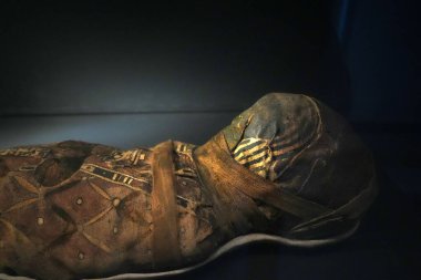 TURIN, İtalya - 14 Mayıs 2025 - Mısır müzesi dünyanın en önemli ikinci Mısır kolleksiyonu olarak kabul edilir. Bebek anne.