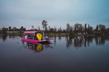 Mexico City 'deki Xochimilco kanallarında tekneler ve trajineralar.