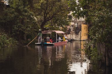 Mexico City 'deki Xochimilco kanallarında tekneler ve trajineralar.