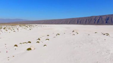 Çölün beyaz alçıtaşı kumulları, arka planda dağlar, Cuatrocienegas, Coahuila, Meksika 'da çekilen bir dolly içinde bitki örtüsü olan havadan çekilmiş videosu..