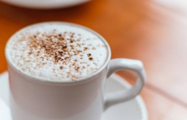 Tarçın tozu ile kapuçino kahvesi, beyaz bir fincanda servis ediliyor, son hasat zamanından taze toprak..