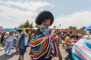 LGBT topluluğundan insanlar çok renkli bayraklar taşıyorlar, Meksika 'nın Metepec şehrindeki Onur Yürüyüşü' nde, kostümler içinde geçit yapıyorlar ve makyaj yapıyorlar..