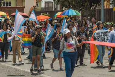 Meksika 'nın Metepec şehrindeki Onur Yürüyüşü' nde LGBT cemaatinden insanlar çok renkli bayraklar taşıyorlar..