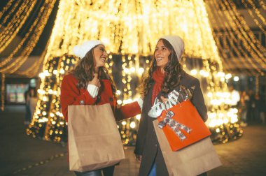 Arkadaşlar ışıkları izlerken eğleniyorlar, kışlık kıyafetlerini giyiyorlar Noel alışverişi yapıyorlar, çantaları hediyelerle dolu, arka plandaki ışıklar kocaman bir Noel ağacı..