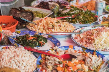 Geleneksel Taco de Plaza için gerekenler, Meksika 'nın Metepec şehrinden tipik yiyecekler, nopales, fasulye, sığır ayağı, domuz ayağı, kan sosisi, turşu sebze turşusu. Bir market tezgahına yerleştirilmiş..