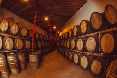 Meşe fıçıları bir depoda şarap depoluyor..