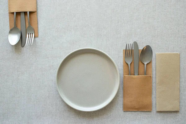 Beautiful Table Setting Modern Eco Friendly Style Beige Canvas Tablecloth — Stock Photo, Image