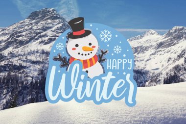 Mutlu kış tebrik kartları ya da kardan adam ve kar taneleriyle dolu posterler