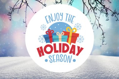 Enjoy the holiday season greeting card or banner with gifts and snowflakes clipart