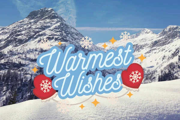 Warmest wishes greeting card or banner with hearts and snowflakes