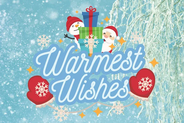 Warmest wishes greeting card or banner with santa, snowman, hearts and snow