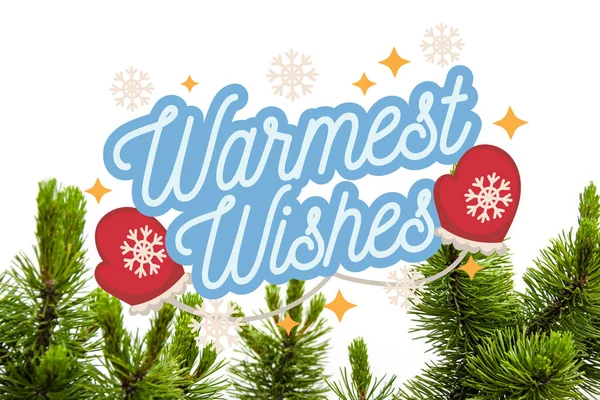 Warmest wishes greeting card or banner with hearts and snowflakes