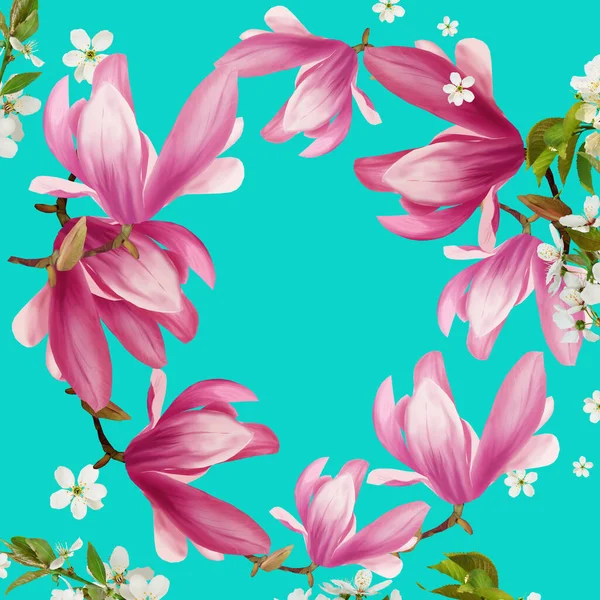 Beautiful pink magnolia branch and white chery flowers on blue background. Magnolia blossom with beautiful background