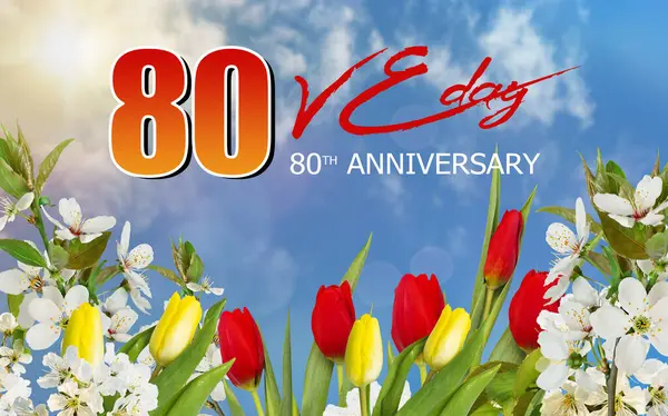 80. gün yıldönümü logosu, tebrik kartı ya da internet afişi. Avrupa 'da zafer bayrağı ya da poster