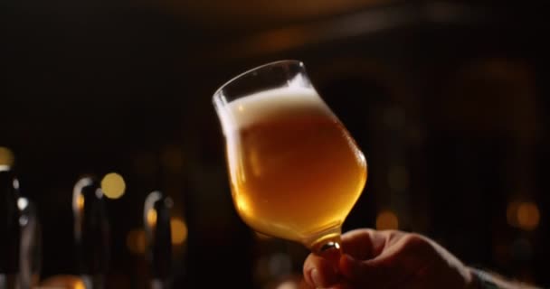 Mano Macho Con Vaso Lleno Cerveza Copyspace Pub Ofreciendo Degustación — Vídeos de Stock