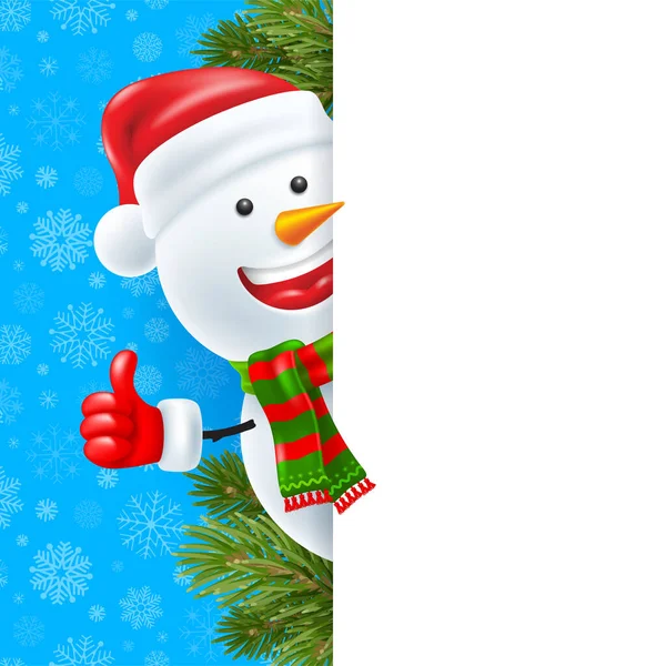 Cartoon Glimlachende Sneeuwpop Santa Hoed Winter Sjaal Gluren Uit Blanco — Stockvector