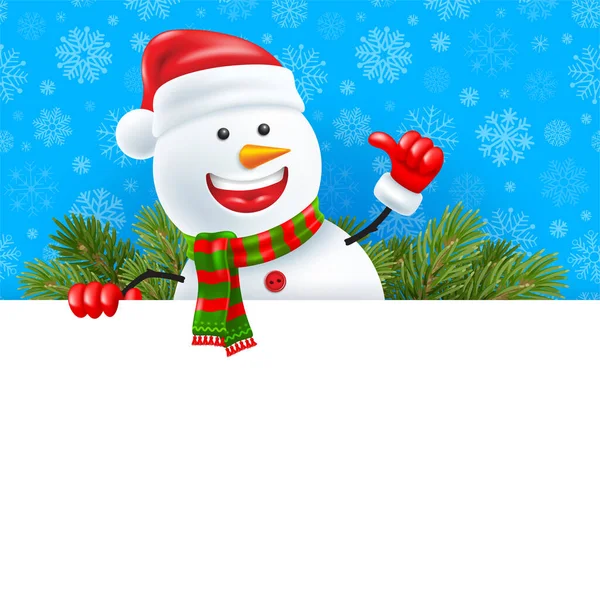 卡通微笑雪人在圣诞老人的帽子和温暖的冬季围巾 举着空白的横幅 蓝色背景 雪片图案 冷杉树枝 圣诞和新年的祝福 3D矢量说明 — 图库矢量图片
