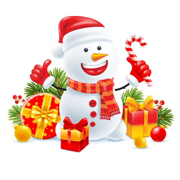 头戴圣诞礼帽 头戴针织冬季围巾的风度翩翩的雪人 举手投足 笑容满面 带着礼物 圣诞装饰品和冷杉树枝 3D孤立的病媒说明 — 图库矢量图片