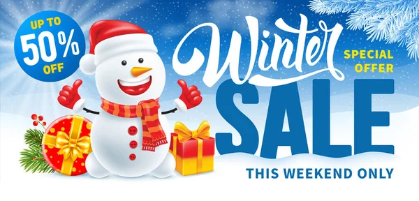 サンタの帽子と暖かいスカーフで漫画の幸せな雪だるま 贈り物と 冬の雪の背景 霜のモミの木の枝 クリスマスと新年の販売の広告バナーテンプレート 3Dベクトル図 — ストックベクタ