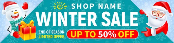 Christmas New Year Winter Sale Advertising Banner Template Santa Snowman — Stock Vector