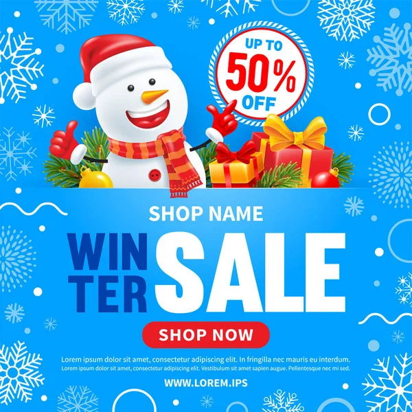 Рождественские Новогодние Зимние Продажи Рекламных Баннеров Шаблон Счастливый Снеговик Шляпе — стоковый вектор