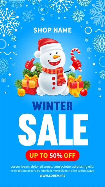 圣诞和新年冬季销售横幅广告模板 快乐的雪人 戴着圣诞礼帽 戴着温暖的围巾 还有冷杉树枝 蓝色背景上的雪片框架 3D矢量说明 — 图库矢量图片