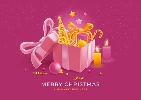 圣诞和新年的祝福 开放的礼品盒与冷杉树 糖果手杖 礼物与金弓和假日装饰里面 用粉红的背景点着蜡烛和金银花 矢量3D说明 — 图库矢量图片