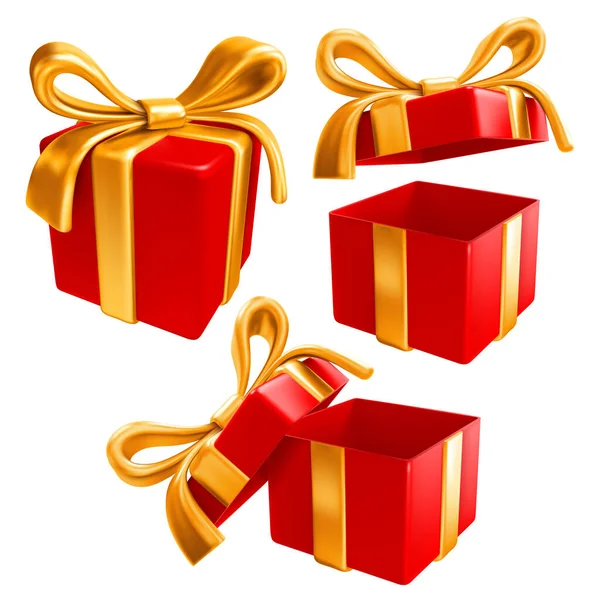 Set Festlicher Roter Geschenkboxen Mit Wunderschöner Goldener Schleife Offen Und — Stockvektor