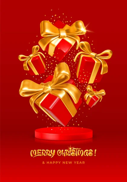 クリスマス 新年や他の休日の組成物 赤い背景に豪華な金色の弓とティンセルを持つ表彰台のギフトボックスの上に急上昇または落下 ベクトル現実的な3Dイラスト — ストックベクタ