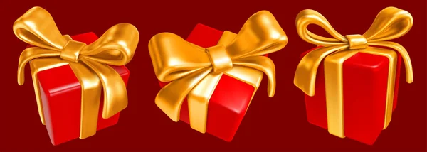 Набор Праздничных Красных Подарочных Коробок Великолепным Золотым Бантом Изолированных Темном — стоковый вектор