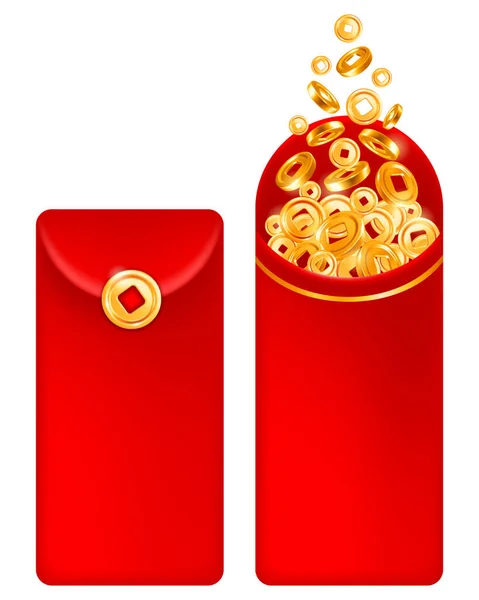赤封筒 開いて閉じ 伝統的な金貨でいっぱい 中国の旧正月や他の休日のデザインに適しています 白い背景に隔離されている ベクトル3Dイラスト — ストックベクタ