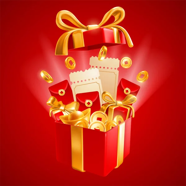 从装有豪华蝴蝶结的大礼品盒里飞出了几把长笛 中国金币 红包和其他惊喜 新年销售广告模板 矢量3D说明 — 图库矢量图片