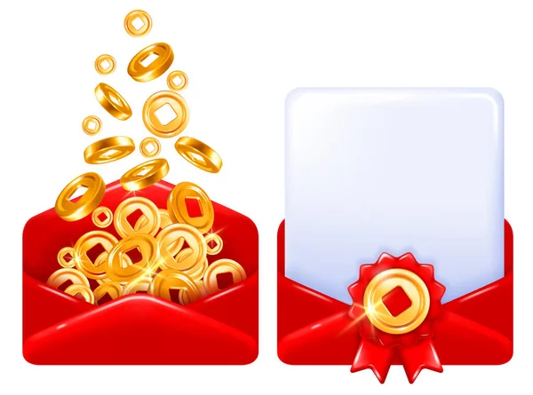 Envelopes Vermelhos Preenchidos Com Moedas Ouro Tradicionais Com Folha Papel — Vetor de Stock