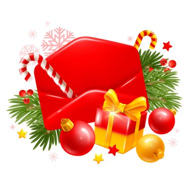 Mutlu Noeller ve mutlu yıllar için kırmızı zarf. Hediye kutusu, şeker kamışı, noel balosu, köknar ağacı dalları ve süslemeler neşeli bir kompozisyon oluşturur. 3d gerçekçi vektör illüstrasyonu