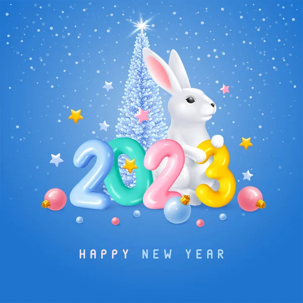 メリークリスマスとハッピーニューイヤー2023 青い背景にウサギ ボール モミの木と漫画のスタイルで現実的なプラスチック光沢のある3D番号 ウサギは３桁だ ベクターイラスト — ストックベクタ