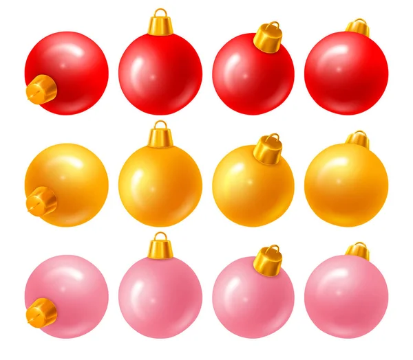 Lesklý Plast Realistické Vánoční Koule Nebo Hračky Set Různých Úhlů — Stockový vektor
